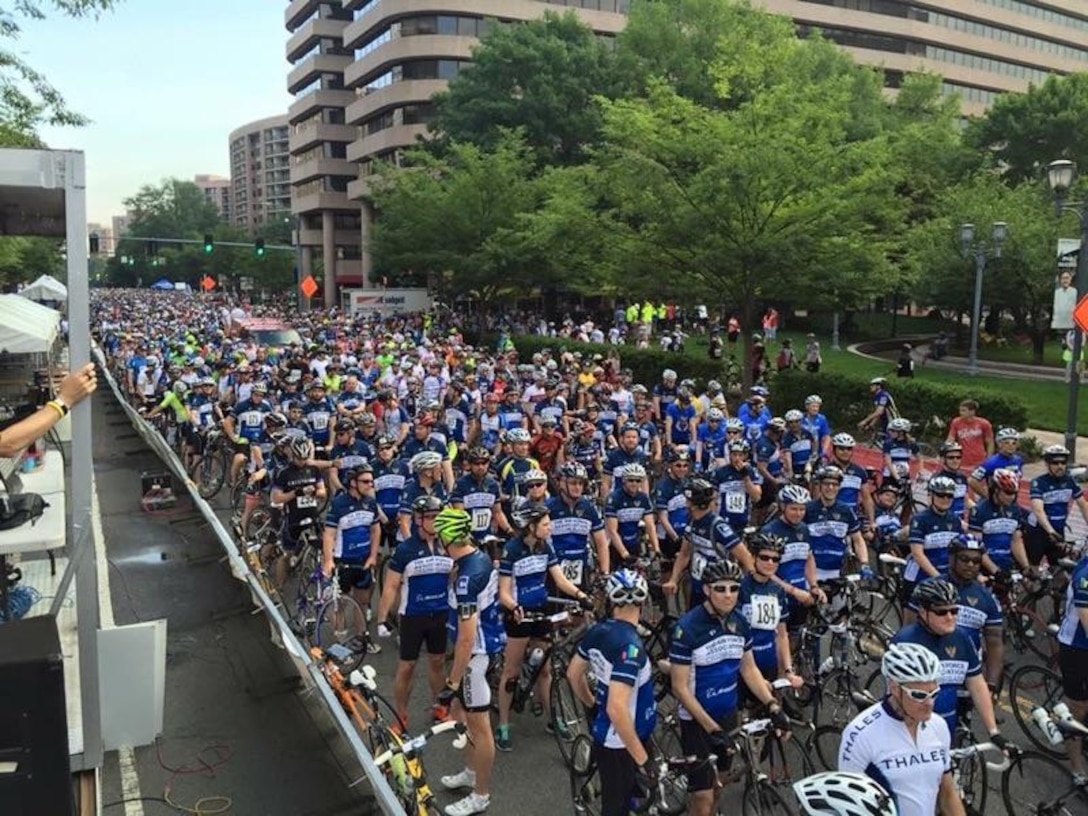 Technical Sgt. Robert Smith and nearly 1,500 other cyclists await the start of the 2015 Air Force Association Cycling Classic, held this past June in Crystal City, Virginia. (Photo by Paige Smith/released)
