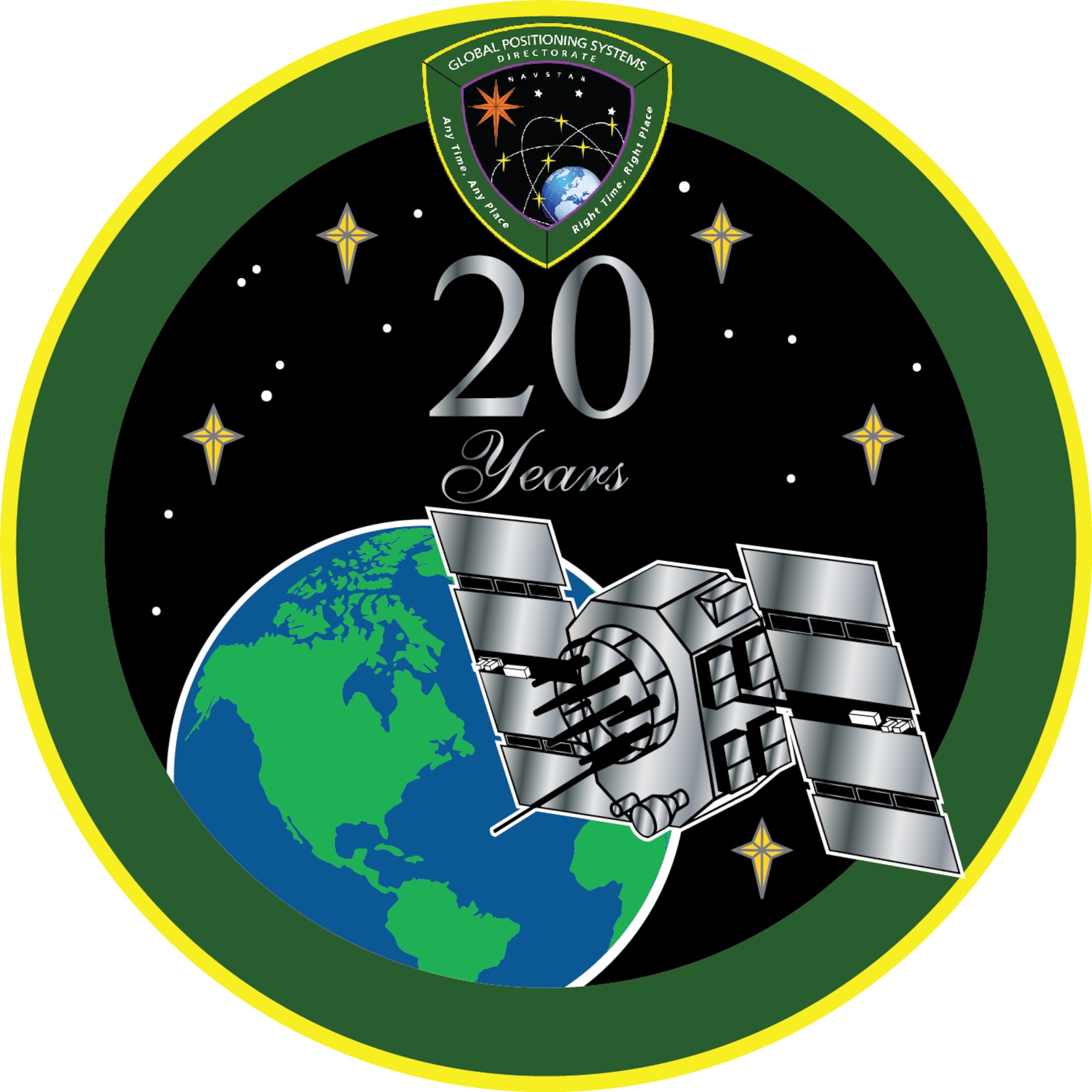The Global Positioning Systems Directorate at the Space and Missile Systems Center, located at Los Angeles Air Force Base in El Segundo, Calif. marks the 20th anniversary of Full Operational Capability of GPS with a commemorative emblem. (Air Force graphic/William Chavez)