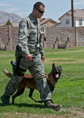 Staff Sgt. Logan Fitzgerald, 99th Security Forces Squadron military working dog handler, walks with his dog, Erik, at the MWD training grounds on Nellis Air Force Base, Nev., June 29, 2015. Fitzgerald has been a MWD handler for over five years but has only worked with Erik for over a year. (U.S. Air Force photo by Airman 1st Class Jake Carter)