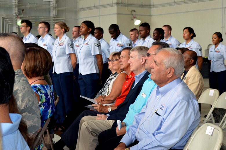 North Carolina civic leaders and honorary commanders witness the 43rd Air Base Squadron redesignation and change of command ceremony July 1, 2015, at Pope Army Airfield, North Carolina. Logistics and force support Airmen and functions transferred to the newly established 43rd ABS from the inactivated 43rd Logistics Readiness Squadron and the 43rd Force Support Squadron. (U.S. Air Force photo/Marvin Krause)