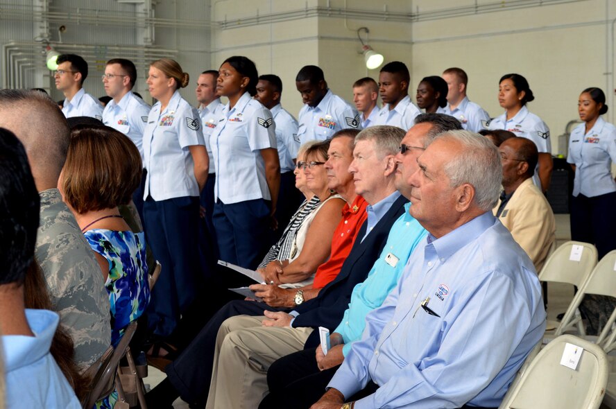 North Carolina civic leaders and honorary commanders witness the 43rd Air Base Squadron redesignation and change of command ceremony July 1, 2015, at Pope Army Airfield, North Carolina. Logistics and force support Airmen and functions transferred to the newly established 43rd ABS from the inactivated 43rd Logistics Readiness Squadron and the 43rd Force Support Squadron. (U.S. Air Force photo/Marvin Krause)