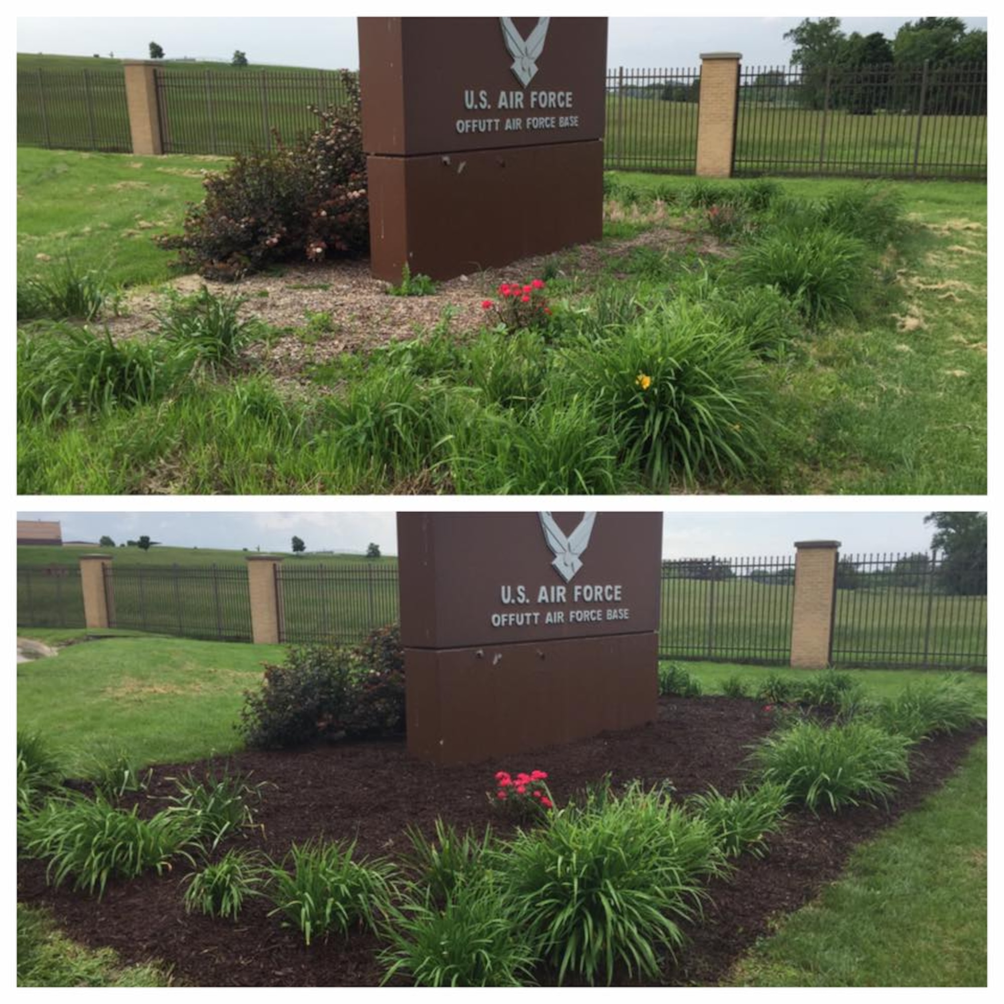 The Security Forces Association, who is the 55th Security Forces Squadron’s booster club, recently teamed up with members of Home Depot to help beautify the Kenney Gate. The clean-up was well-timed as it coincided with the re-opening of the gate. (Courtesy photo)