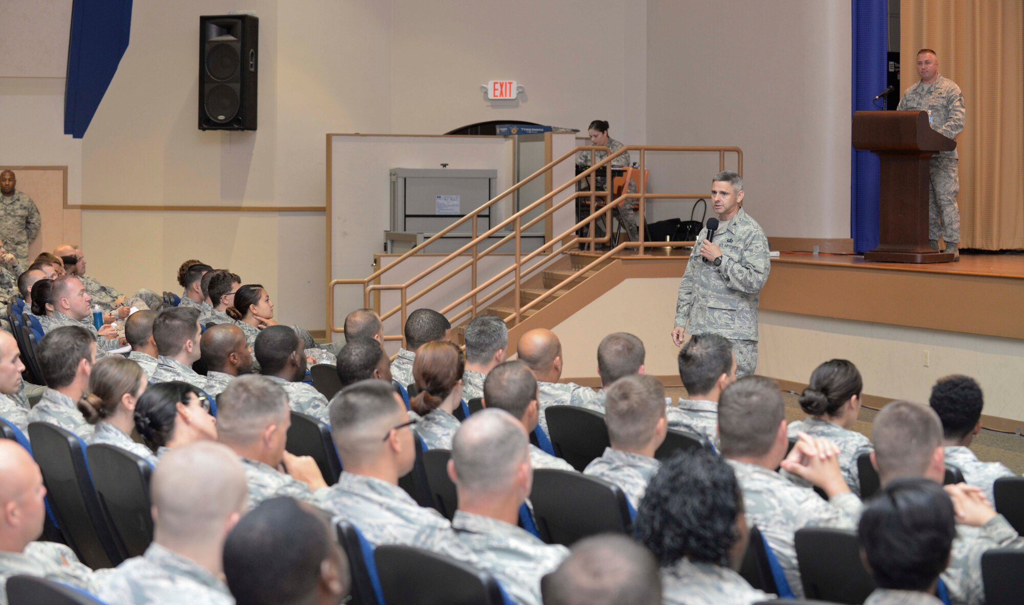 Col. Archibald Bruns, Air Force Personnel Center director of personnel services, provides opening remarks during the HAF A1 Roadshow briefing at MacDill Air Force Base, Fla., July 9, 2015. Brig. Gen. Brian T. Kelly, Manpower, Personnel and Services director, and key personnel formed one of three teams scheduled to visit every major Air Force installation and give a one-time brief. (U.S. Air Force photo by Senior Airman Vernon L. Fowler Jr./Released)