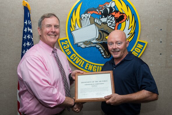 John Eunice, left, 23d Civil Engineer Squadron deputy base civil engineer, and Greg “Radar” Haugen, 23d CES environmental coordinator, pose for a photo July 8, 2015, at Moody Air Force Base, Ga. The 23d CES presented Haugen with the Air Force Civilian Certificate of Achievement Award for proactively conducting an inspection and identifying environmental discrepancies. (U.S. Air Force Airman 1st Class Ceaira Tinsley/Released)