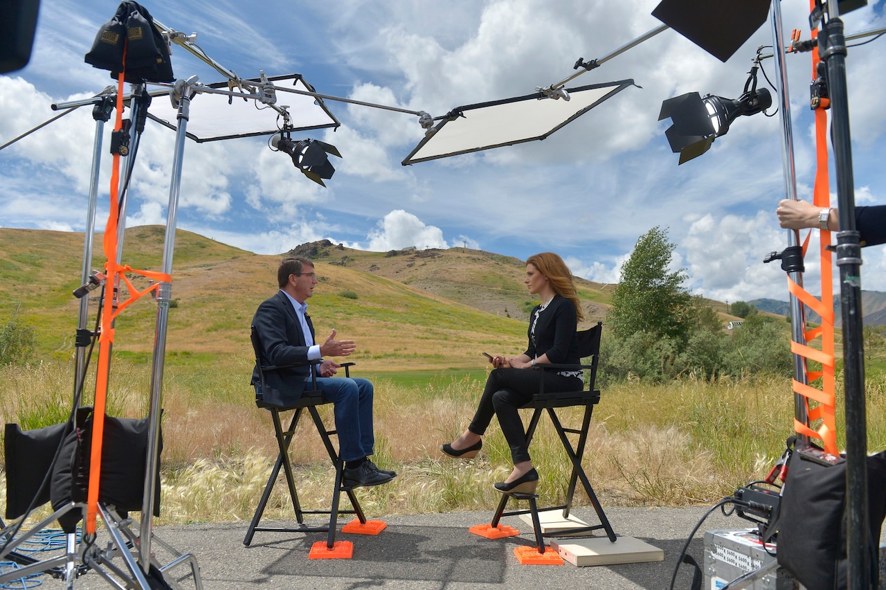Capping off his day at the Allen & Company Sun Valley Conference in Sun Valley, Idaho, July 9, 2015, Defense Secretary Ash Carter participates in an interview with CNBC reporter Julia Boorstin. DoD Photo by Glenn Fawcett