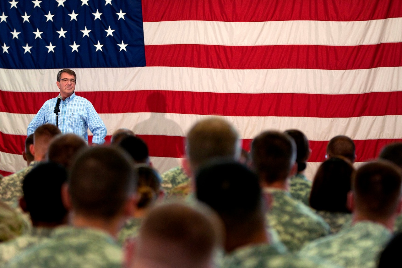 Defense Secretary Ash Carter speaks with Army paratroopers assigned to the 82nd Airborne Division during a troop event on Fort Bragg, N.C., July 10, 2015. U.S. Army photo by Staff Sgt. Kissta DiGregorio
