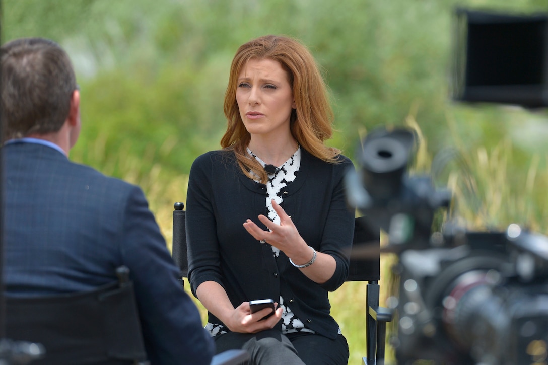 CNBC reporter Julia Boorstin interviews Defense Secretary Ash Carter outside Sun Valley, Idaho, July 9, 2015.