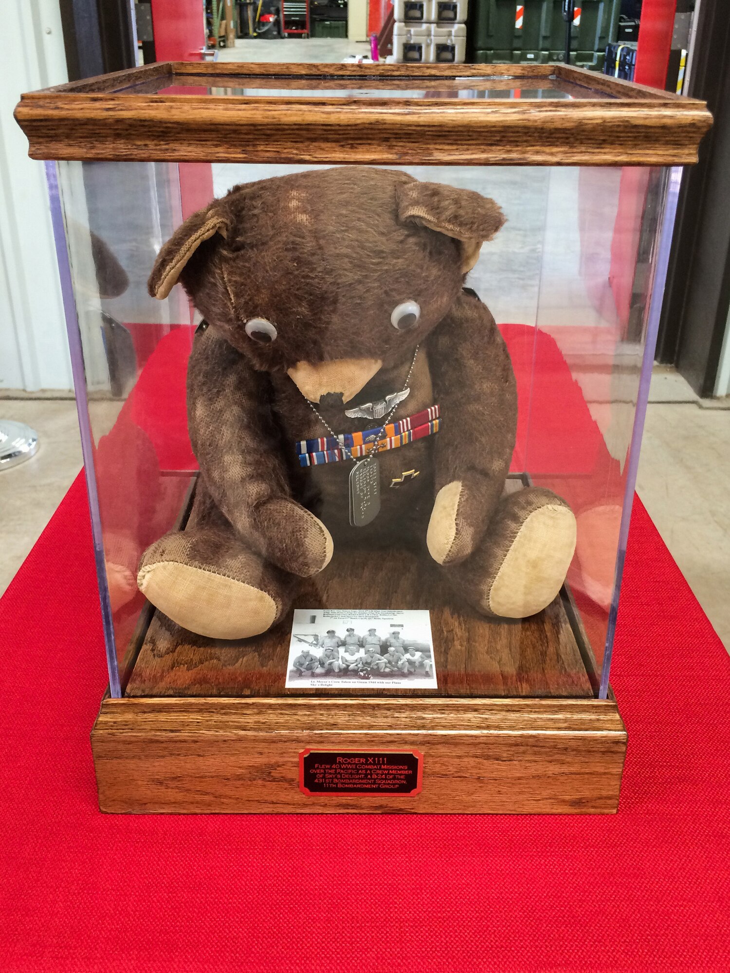 Roger the Bear sits in a display case at Schriever Air Force Base, Colo. on June 6, 2015. He is a good luck bear and accompanied a B-24 crew on over 40 missions during WWII. (courtesy photo)