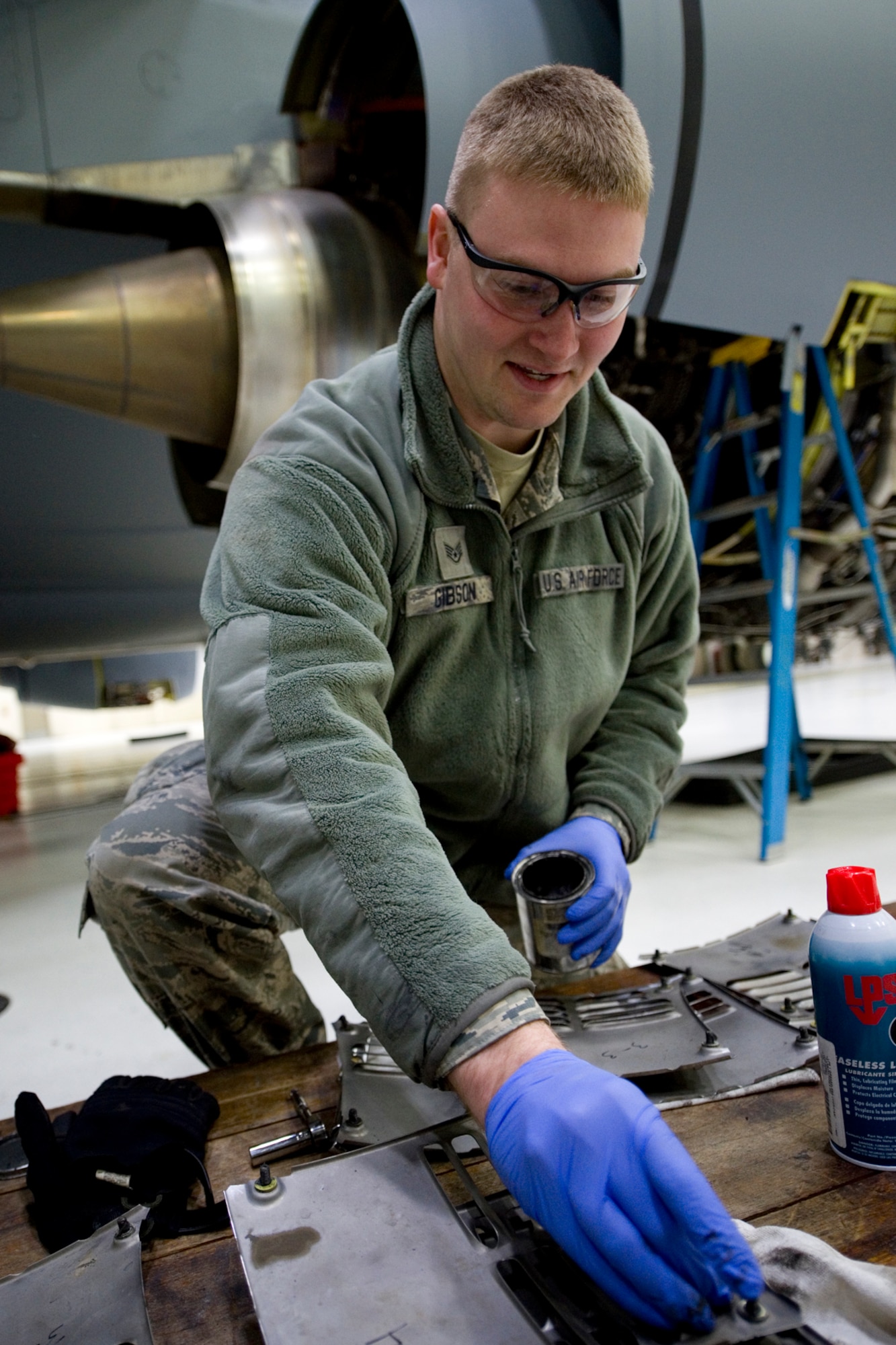 Staff Sgt. Zachary Gibson, 434th Maintenance Squadron aerospace propulsion journeyman, inspects variable bleed valves from a CFM-56 turbofan engine of a KC-135R Stratotanker at Grissom Air Reserve Base, Ind., March 15, 2015. The shop, comprised of four Air Force Reserve technicians, a full time civilian engine manager and eight traditional reservists, completes a variety of inspections including time compliance technical order inspections, periodic inspections and special hourly inspections. (U.S. Air Force photo/2nd Lt. Mark Orders-Woempner)