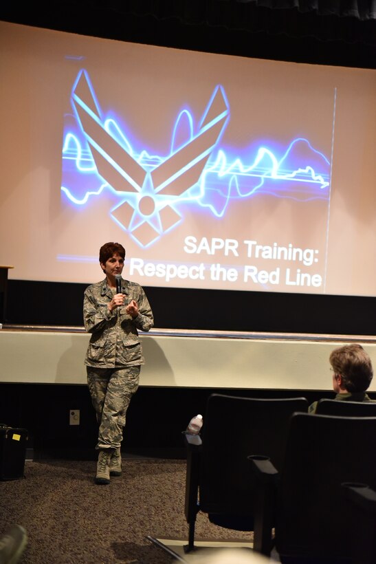 Lt. Col. Stephanie Boehning, the 932nd Airlift Wing process improvement manager, gives the welcoming message before the unit SAPR training, which covers Sexual Assault Prevention and Response, a 90-minute block of annual SAPR training the Air Force developed to educate the force with the theme “Eliminate Sexual Assault: Know your part. Do your part.” The course also included 30-minute small group discussions.  (U.S. Air Force photo/Tech. Sgt. Christopher Parr)