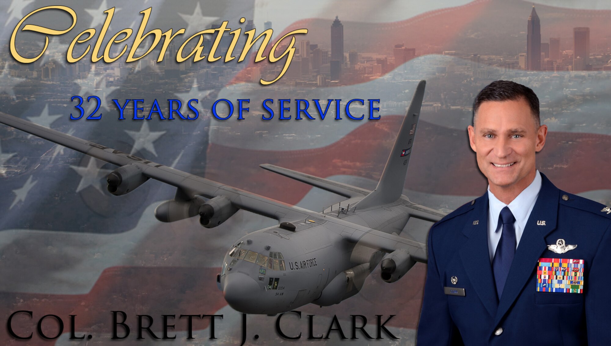 Col. Brett Clark, 94th Airlift Wing commander, held his retirement ceremony at Dobbins Air Reserve Base, Ga., July 11, 2015. Clark served an illustrious career of military service spanning more than three decades; flying more than 4,000 hours in various C-130 Hercules models and supporting combat deployments from Operation Desert Shield/Storm to Operations Iraqi Freedom and Enduring Freedom.(U.S. Air Force graphic/Senior Airman Daniel Phelps)