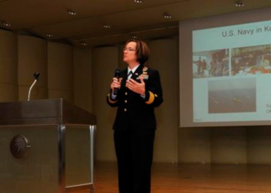 SEOUL, Republic of Korea (Nov. 18, 2013) – Rear Adm. Lisa Franchetti, Commander U.S. Naval Forces Korea, speaks with first-year students at Sungshin Women’s University in Seoul, Nov. 18.  Franchetti discussed leadership principles and career development and answered questions about her role as the first female U.S. Navy component commander on the Korean peninsula.  (U.S. Navy Photo by Lt. Arlo Abrahamson // Released)
