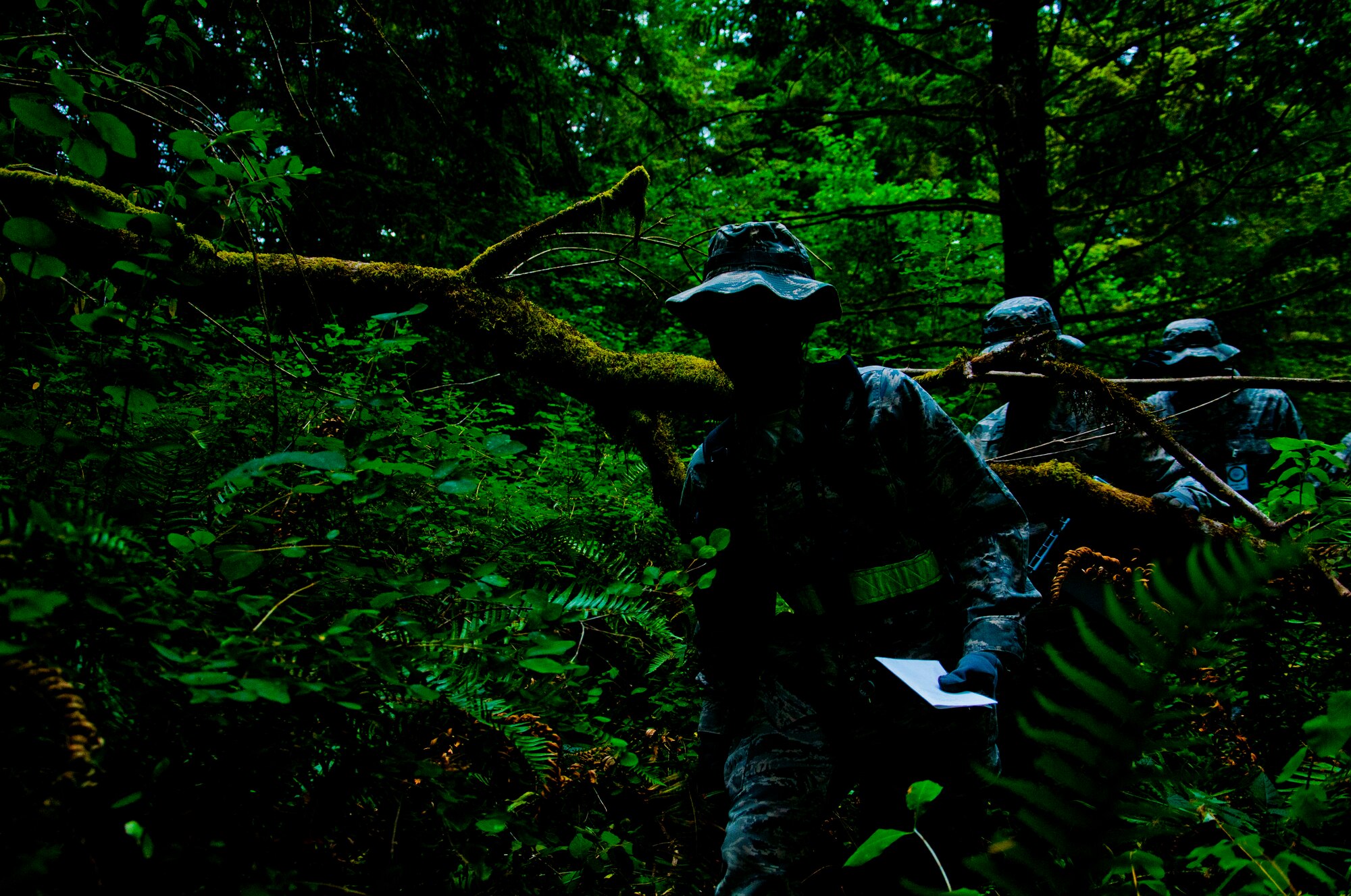 Medics from the 446th Aeromedical Staging Squadron make their way through the woods for the Care Under Fire exercise at Joint Base Lewis-McChord, July 12, 2015.  The Care Under Fire exercise was designed locally by the 446th ASTS in order to simulate combat conditions and establish team oriented training scenarios. Medics were offered land navigation training in order to enhance their combat readiness in austere locations. (U.S. Air Force photo by Senior Airman Daniel Liddicoet/Released)