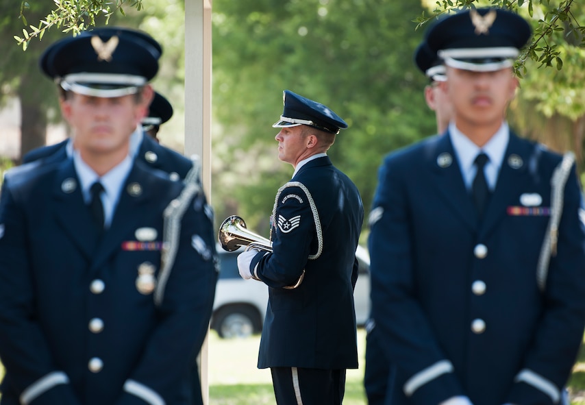 Staff Sgt. Adam Hicks waits to get into position prior to the Honor Guard graduation ceremony at Eglin Air Force Base, Fla. Approximately 12 new Airmen graduated from the 80-plus-hour course. The graduation performance includes flag detail, rifle volley, pall bearers and bugler for friends, family and unit commanders.  The Eglin Honor Guard provides their services to the base, Duke Field and more than 20 area counties making up approximately 20,000 square miles in the Florida and Alabama region.  (U.S. Air Force photo/Tech. Sgt. Sam King)