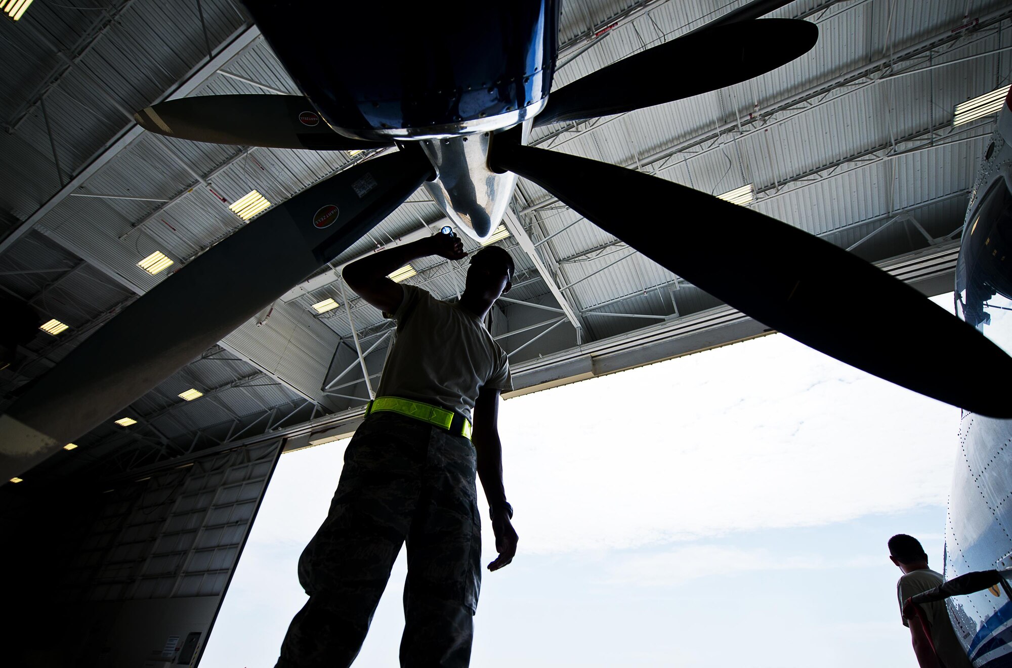 Airman Mario Hill, 919th Special Operations Maintenance Group, checks the intake of an engine on a C-145 June 6 at Duke Field, Fla. The 919th SOMXG is comprised of 919th SOMXS, 919th SOAMXS, 919th SOMOF, and the 592nd SOAMXS. Their primary mission is the maintenance of the C-145 aircraft. (U.S. Air Force photo/Tech. Sgt. Sam King)
