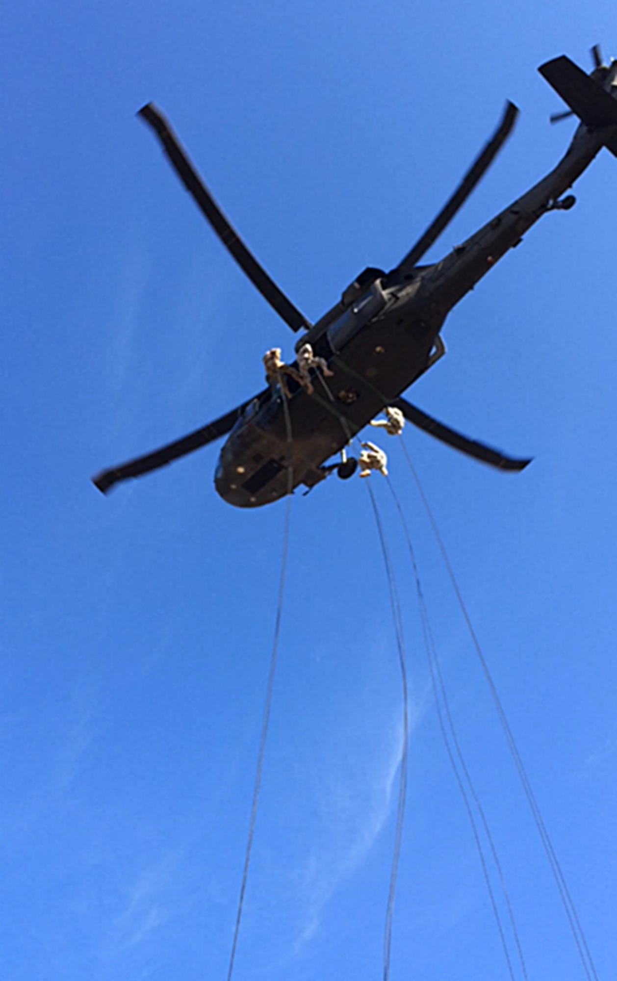 Soldiers and Airmen repel down ropes from an Army HH-60 Black Hawk helicopter during the U.S. Army Air Assault Course at Fort Benning, Ga. Chief Master Sgt. Rob Grimsley, 315th Security Forces Squadron, recently completed the course. (Courtesy Photo)