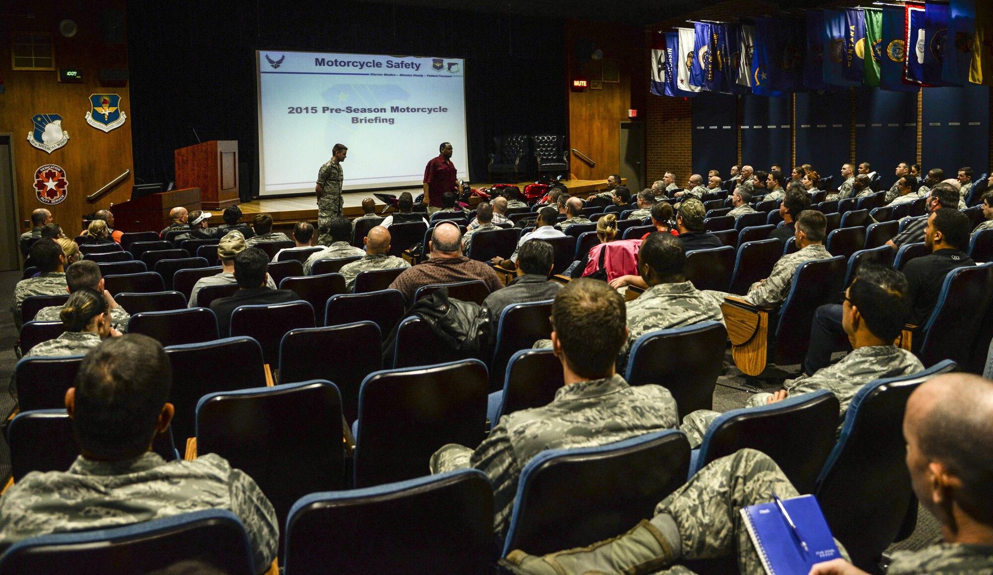 Motorcycle riders from around Joint Base San Antonio attend the annual JBSA motorcycle safety brief at Wilford Hall Ambulatory Surgical Center, JBSA-Lackland, Texas, March 30, 2015. Senior leaders and representatives from the safety office shared their personal experiences and gave practical advice on how to remain safe and vigilant while riding in the seventh largest city in the United States. (U.S. photo by Staff Sgt. Michael Ellis/Released)