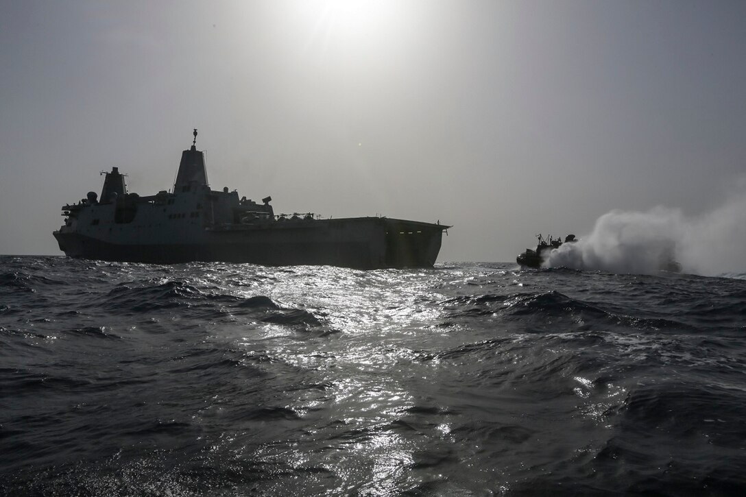 ARABIAN SEA (July 2, 2015) A landing craft, air cushion approaches the stern gate of the amphibious transport dock USS Anchorage (LPD 23). The Anchorage is part of the Essex Amphibious Ready Group and, with the embarked 15th Marine Expeditionary Unit, is deployed in support of maritime security operations and theater security cooperation efforts in the U.S. 5th Fleet area of operations. (U.S. Marine Corps photo by Sgt. Jamean Berry/Released)