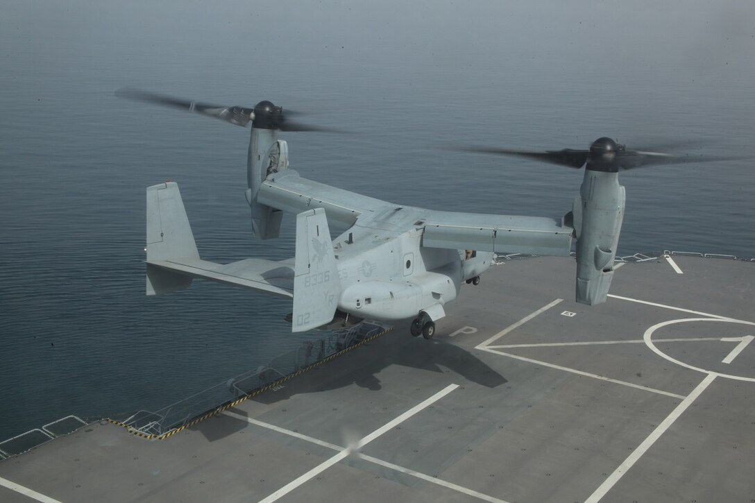 GULF OF ADEN (July 5, 2015) An MV-22B Osprey from the “Greyhawks” of Marine Medium Tiltrotor Squadron 161 (Reinforced), 15th Marine Expeditionary Unit, prepares to land on the flight deck of the French amphibious assault ship BPC Dixmude (L9015). The U.S. Marines and Sailors of the 15th MEU and Essex Amphibious Ready Group worked with the French Navy to see the landing capabilities aboard the ship. The 15th MEU is embarked within the Essex ARG and deployed to maintain regional security in the U.S. 5th Fleet area of operations. (U.S. Marine Corps photo by Staff Sgt. Miguel Carrasco/ Released)