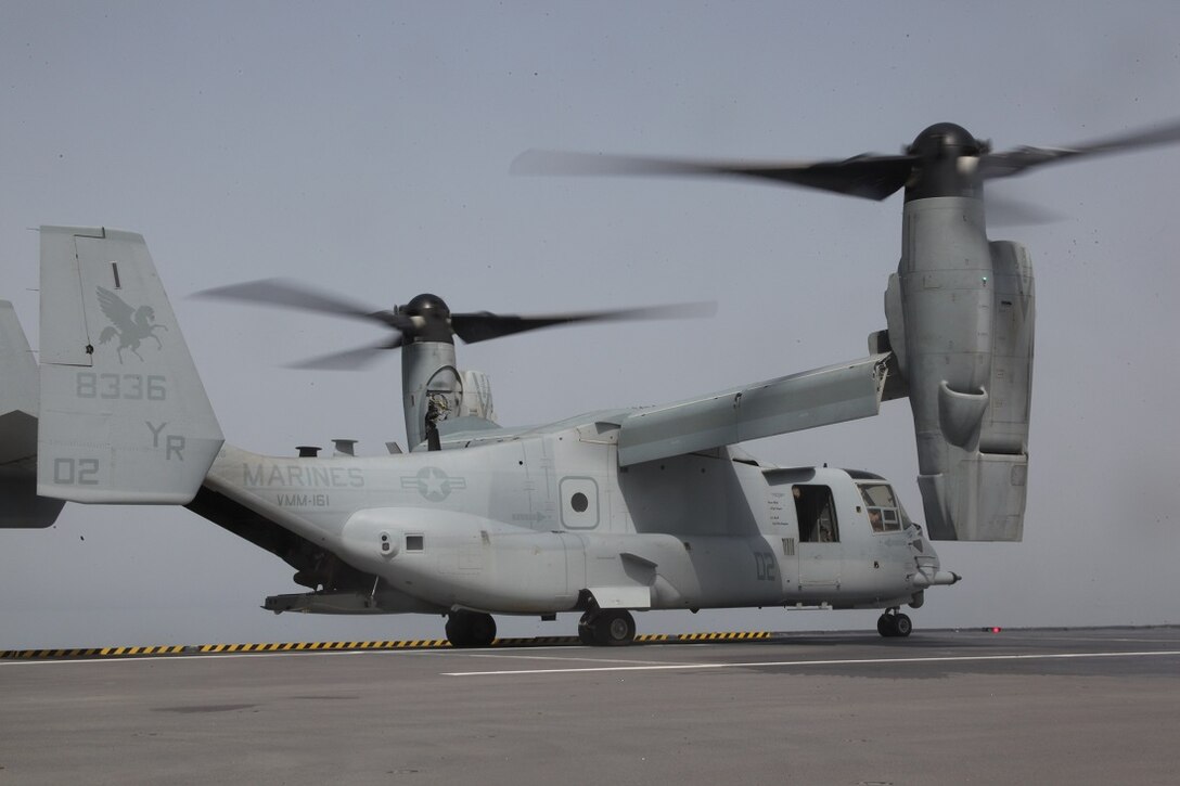 GULF OF ADEN (July 5, 2015) An MV-22B Osprey from the “Greyhawks” of Marine Medium Tiltrotor Squadron 161 (Reinforced), 15th Marine Expeditionary Unit, lands on the flight deck of the French amphibious assault ship BPC Dixmude (L9015). The U.S. Marines and Sailors of the 15th MEU and Essex Amphibious Ready Group landed aboard the Dixmude to further enhance bi-lateral cooperation and interoperability between the two militaries. The 15th MEU is embarked within the Essex ARG and deployed to maintain regional security in the U.S. 5th Fleet area of operations. (U.S. Marine Corps photo by Staff Sgt. Miguel Carrasco/Released)