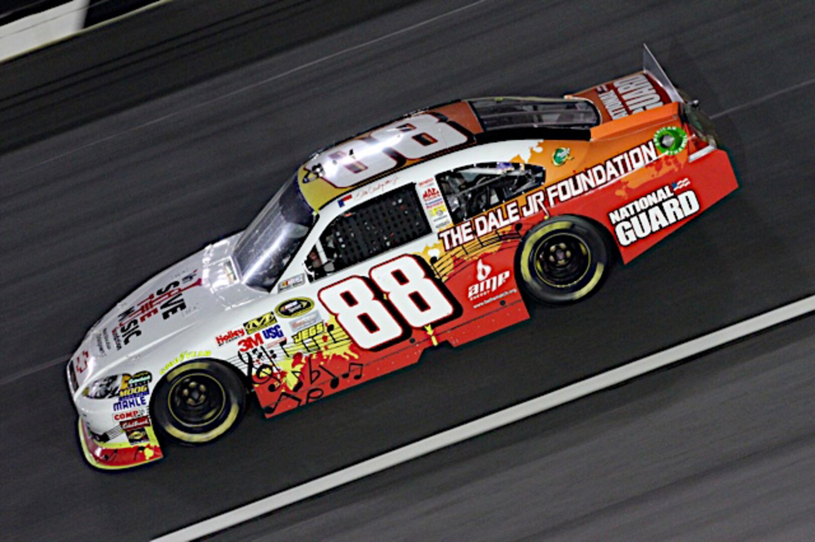 Dale Earnhardt Jr., driver of the No. 88 National Guard NASCAR racecar, races around the track with the Dale Jr. Foundation paint scheme at Charlotte Motor Speedway in Concord, N.C. Jr. was the Sprint Fan Vote of the All-Star race, and finished in 14th. This race did not affect the Sprint Cup series points race.