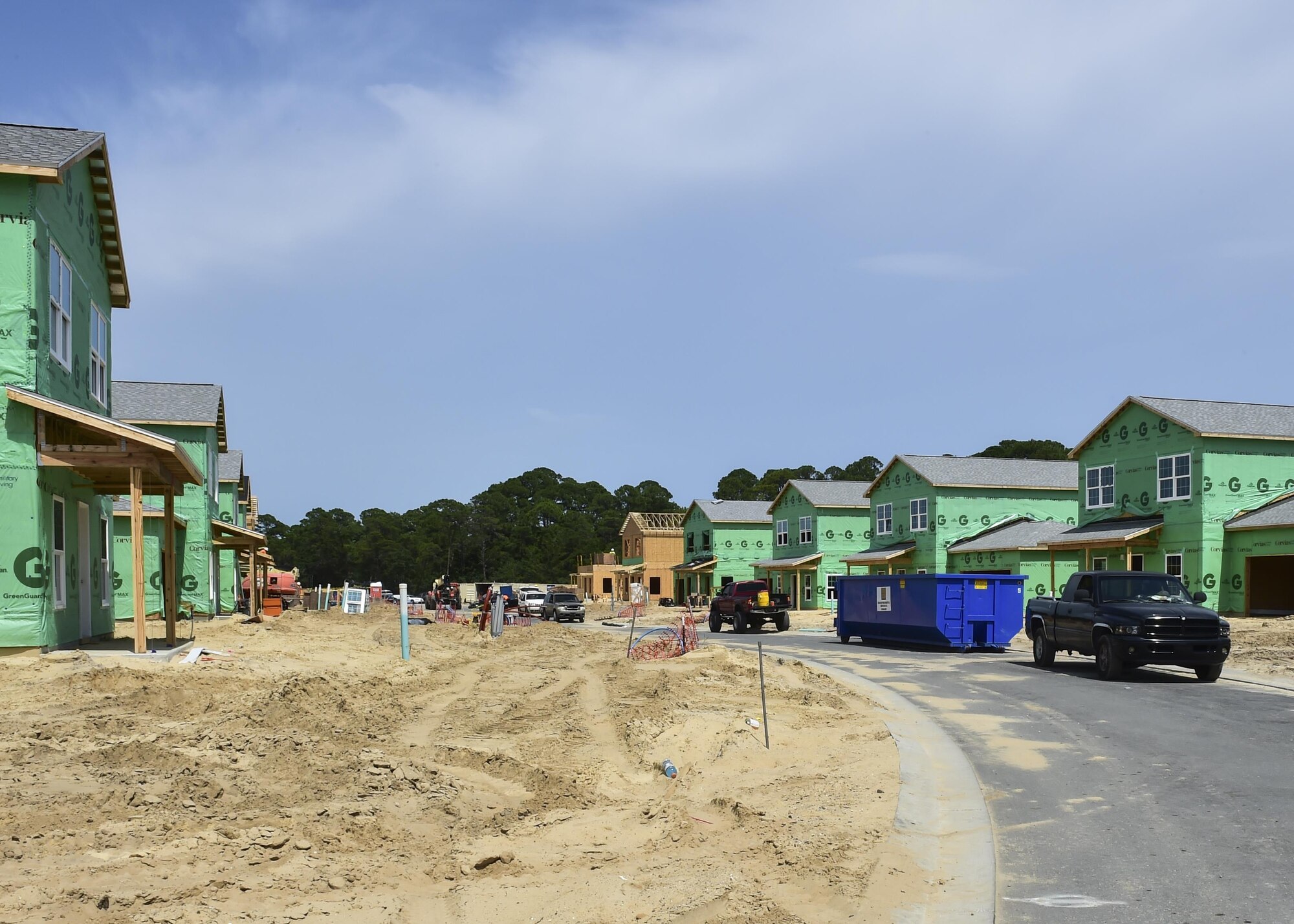 Houses in Osprey Landing located on the Sound Side and the extension of Pine Shadows are entering the final stages of construction at Hurlburt Field, Fla., July, 8, 2015. The construction project for the two new sections of base housing is estimated to be complete at the end of 2015. (U.S. Air Force photo/Senior Airman Jeff Parkinson) 