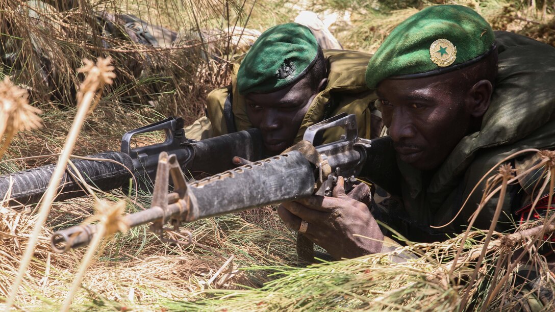 Two Compagnie Fusilier de Marin Commandos search for an enemy position during a final exercise in St. Louis, Senegal, July 8, 2015. The exercise concluded a nearly six-week training evolution between U.S. Marines, sailors and coast guardsmen with Special-Purpose Marine Air-Ground Task Force Crisis Response-Africa and the Senegalese. The training focused on small-boat operations and infantry skills taught to more than 30 members of the Fusilier Marins. 
