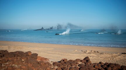 FOG BAY, NT, Australia (July 11, 2015) - Assault amphibious vehicles, assigned to the 31st Marine Expeditionary Unit, transit toward Gold Beach for an amphibious assault during Talisman Sabre 2015.  Talisman Sabre is a biennial exercise that provides an invaluable opportunity for nearly 30,000 U.S. and Australian defense forces to conduct operations in a combined, joint and interagency environment that will increase both countries' ability to plan and execute a full range of operations from combat missions to humanitarian assistance efforts. 