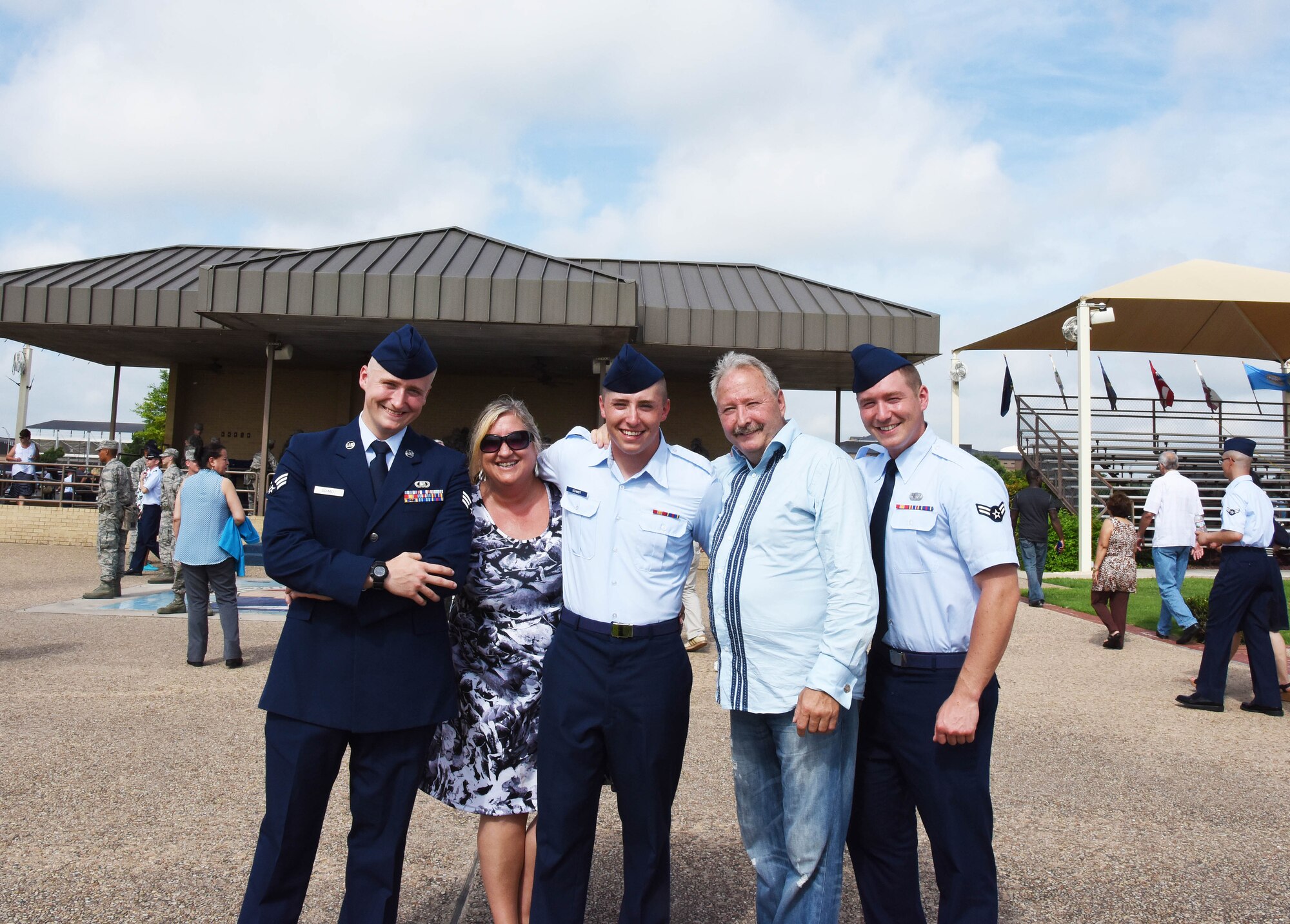 The Schmidt family poses for a family photograph after a basic training graduation at Joint Base San Antonio, Texas, June 26. Pictured from left to right are Kendrick, Anne, Logan, Gene and Collin Schmidt. (Courtesy photo Airman 1st Class Collin Schmidt) 
