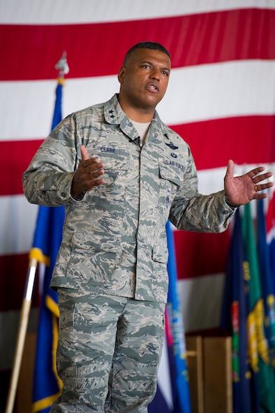 Maj. Gen. Richard Clark, Eighth Air Force commander, speaks to 5th Bomb Wing
Airmen at Dock 1 at Minot Air Force Base, N.D., July 13, 2015. According to
the official Air Force webpage, Eighth Air Force, or "The Mighty Eighth",
serves as the air component headquarters to U.S. Strategic Command for
strategic deterrence and global strike.  (U.S. Air Force photo/Airman 1st
Class Justin T. Armstrong)
