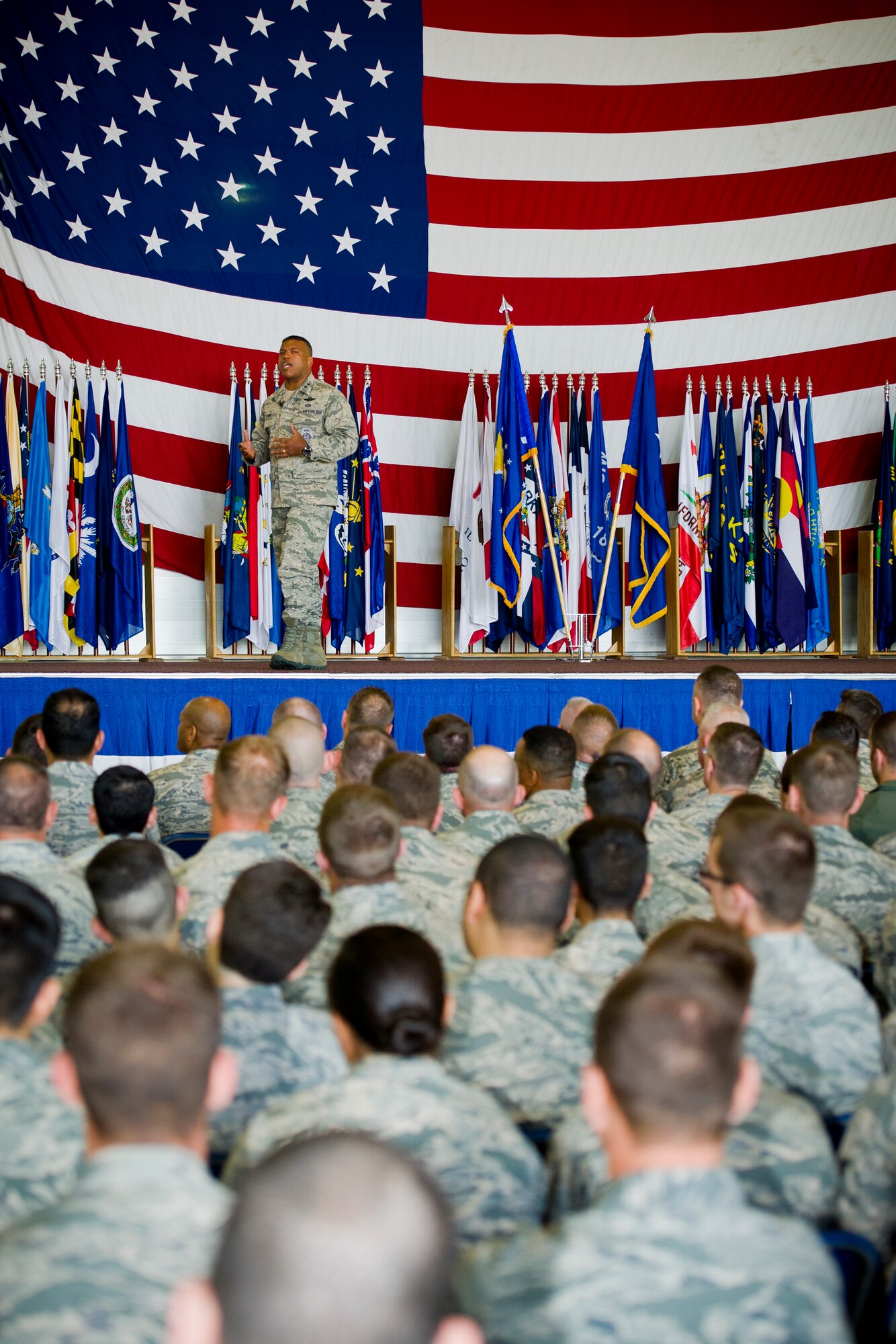 Maj. Gen. Richard Clark, Eighth Air Force commander, speaks to 5th Bomb Wing
Airmen at Dock 1 at Minot Air Force Base, N.D., July 13, 2015. According to
the official Air Force webpage, Eighth Air Force, or "The Mighty Eighth",
serves as the air component headquarters to U.S. Strategic Command for
strategic deterrence and global strike.  (U.S. Air Force photo/Airman 1st
Class Justin T. Armstrong)

