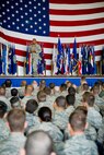 Maj. Gen. Richard Clark, Eighth Air Force commander, speaks to 5th Bomb Wing
Airmen at Dock 1 at Minot Air Force Base, N.D., July 13, 2015. According to
the official Air Force webpage, Eighth Air Force, or "The Mighty Eighth",
serves as the air component headquarters to U.S. Strategic Command for
strategic deterrence and global strike.  (U.S. Air Force photo/Airman 1st
Class Justin T. Armstrong)
