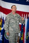 Chief Master Sgt. Marty Anderson, Command Chief Master Sergeant, Eighth Air
Force, speaks to 5th Bomb Wing Airmen at Dock 1 at Minot Air Force Base,
N.D., July 13, 2015.  According to the official Air Force webpage, Eighth
Air Force, or "The Mighty Eighth", serves as the air component headquarters
to U.S. Strategic Command for strategic deterrence and global strike.  (U.S.
Air Force photo/Airman 1st Class Justin T. Armstrong)
