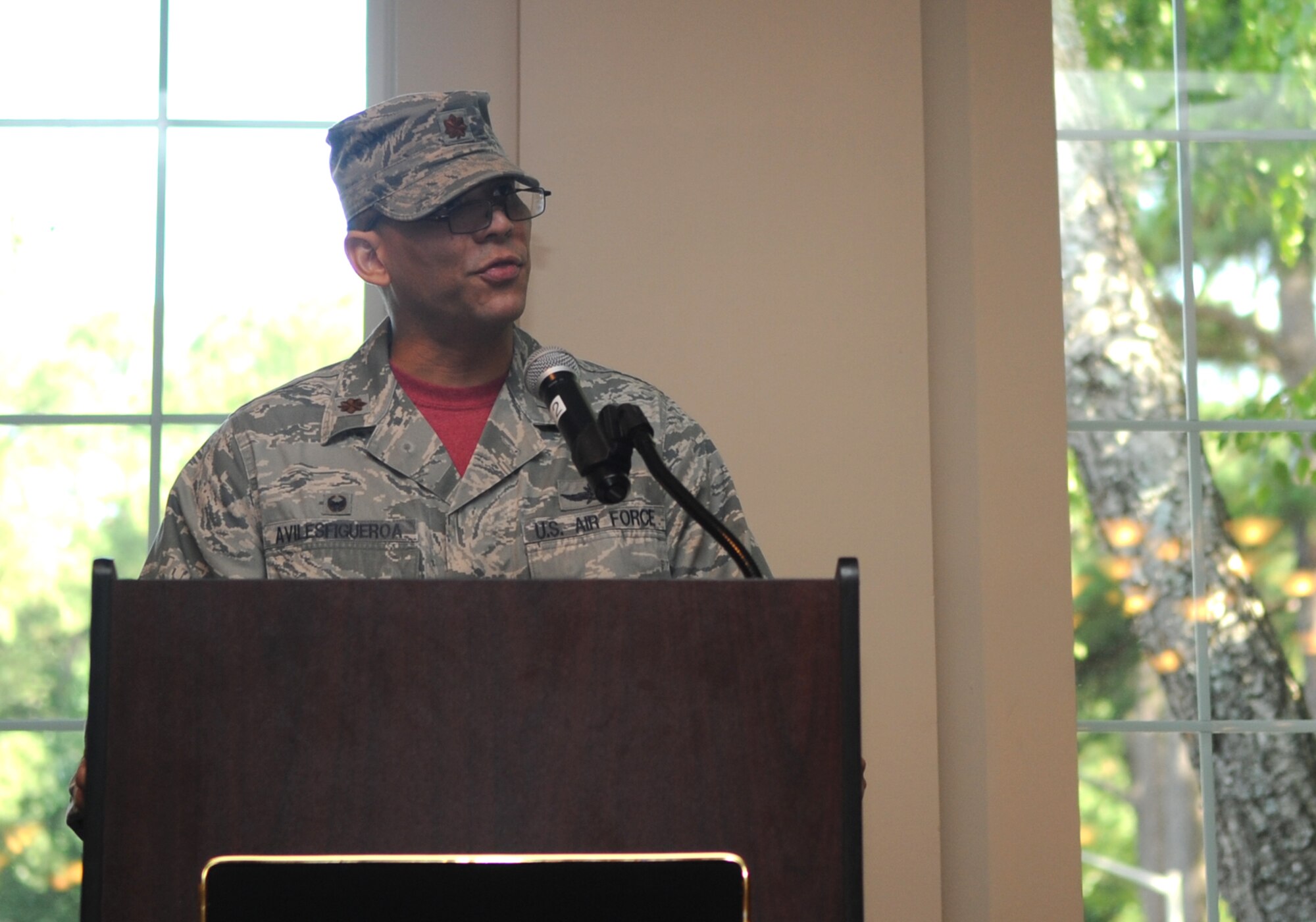 Maj. Nelson Avilesfigueroa, outgoing 4th Communications Squadron commander, gives a final thank you to his Airmen during the unit’s change of command ceremony, July 10, 2015, at Seymour Johnson Air Force Base, North Carolina. Avilesfigueroa held the reins of the 4th CS for two years, during which time the squadron achieved many milestones and continued to uphold land and air-to-ground communication in support of F-15E Strike Eagle and KC-135 Stratotanker operations. (U.S. Air Force photo/Senior Airman Ashley J. Thum)