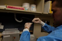 Senior Airman Luis Poblano, 5th Medical Support Squadron laboratory technician, prepares a sample for testing at Minot Air Force Base, N.D., July 8, 2015. Urinalysis is a key part in maintaining Air Force standards of being fit to fight and Airmen readiness. (U.S. Air Force photo/Airman 1st Class Christian Sullivan)