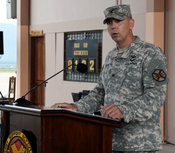 Col. Rollin Miller, Army Support Activity outgoing commander, gives a farewell address during the ASA change of command ceremony July 9, 2015, at Soto Cano Air Base, Honduras. Miller will be heading to the Pentagon for his next assignment. (U.S. Air Force photo by Staff Sgt. Jessica Condit)