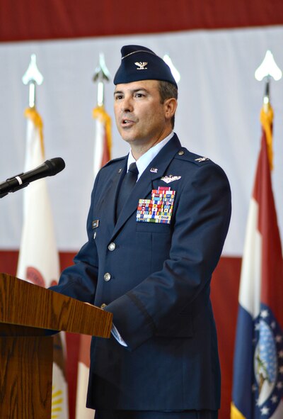 Col. David Gaedecke speaks to members of the Tinker community after assuming command of the 552nd Air Control Wing July 1.  As commander, Col. Gaedecke is responsible for the fleet of E-3 Airborne Warning and Control System aircraft and Control and Reporting Centers and leads more than 4,000 men and women at three bases. (Air Force photo by Kelly White/Released)