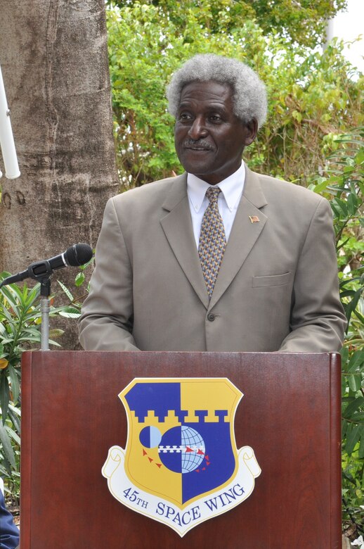 The Honorable Larry Palmer, ambassador to the U.S. Embassy Barbados, speaks during the inactivation ceremony of Antigua Air Station July 7, 2015, in Antigua. After more than 50 years of operations, Antigua Air Station was deactivated in a ceremony held on the island. Palmer spoke on the historic partnership Antigua and the U.S. have and will continue to have in the future. (U.S. Air Force photo by 1st Lt. Alicia Wallace)(Released)