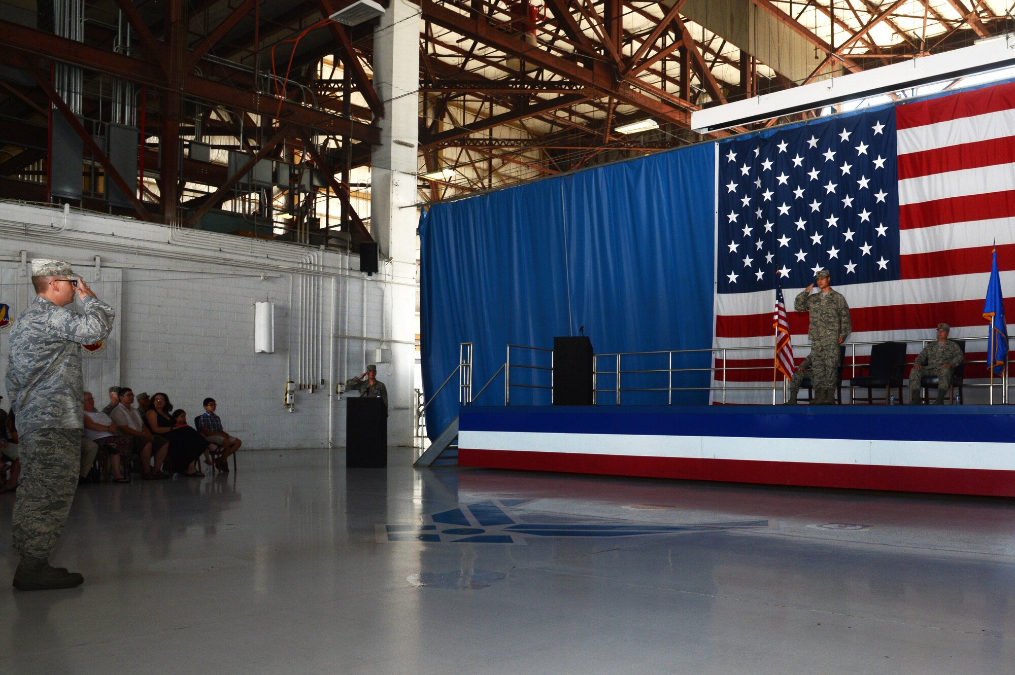 U.S. Air Force Lt. Col. Paul Tower, 20th Aircraft Maintenance Squadron commander, renders his first salute as squadron commander during a change of command ceremony at Shaw Air Force Base, S.C., July 10, 2015. As commander, Tower is responsible for the maintenance and safety of the 20th Fighter Wing’s 79 F-16CM Fighting Falcons and the Airmen assigned to the 20th AMXS. (U.S. Air Force photo by Senior Airman Jonathan Bass/Released)