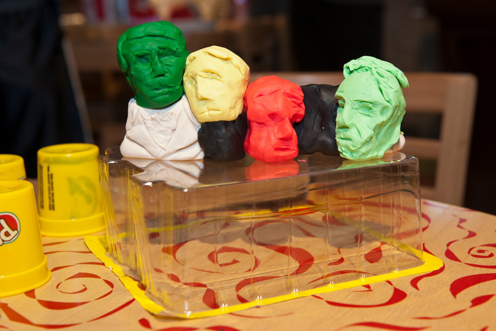 PETERSON AIR FORCE BASE, Colo. – This sculpture of Mount Rushmore took third place at the first ever Mount Rushmore building contest at the Eclipse Cyber Café, July 8, 2015. Team members were Airmen 1st Class John Powell and Ryan Hodges, both of Air Force Technical Applications Center at Cheyenne Mountain Air Force Station. (U.S. Air Force photo by Airman 1st Class Rose Gudex)