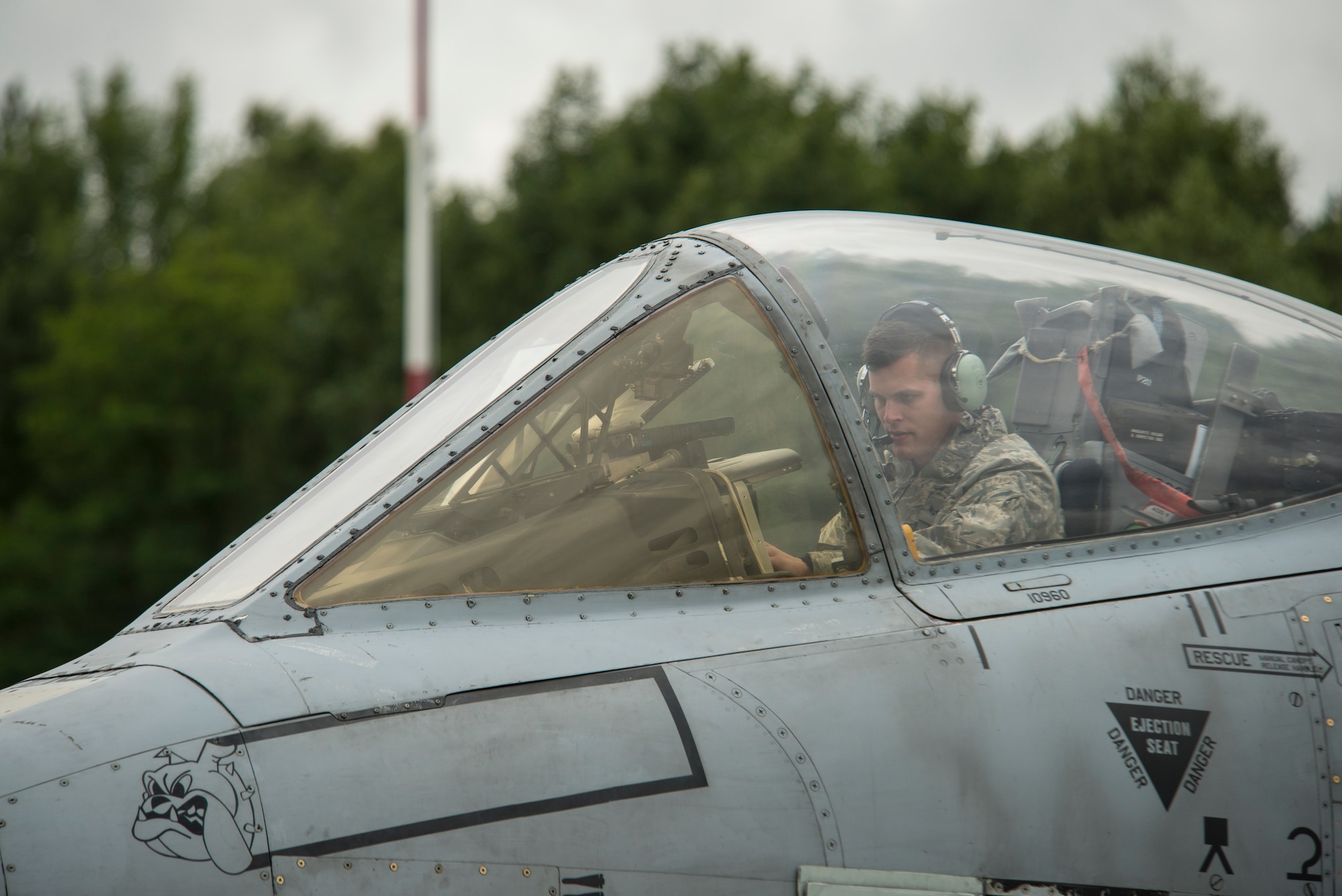 A U.S. Air Force maintenance Airman assigned to the 354th Expeditionary Fighter Squadron runs tests on an A-10 Thunderbolt II attack aircraft during a theater security package deployment to Lask Air Base, Poland, July 10, 2015. U.S. Air Force Airmen conduct training alongside NATO allies to strengthen interoperability and demonstrate U.S. commitment to the security and stability of Europe. (U.S. Air Force photo by Staff Sgt. Christopher Ruano/Released)