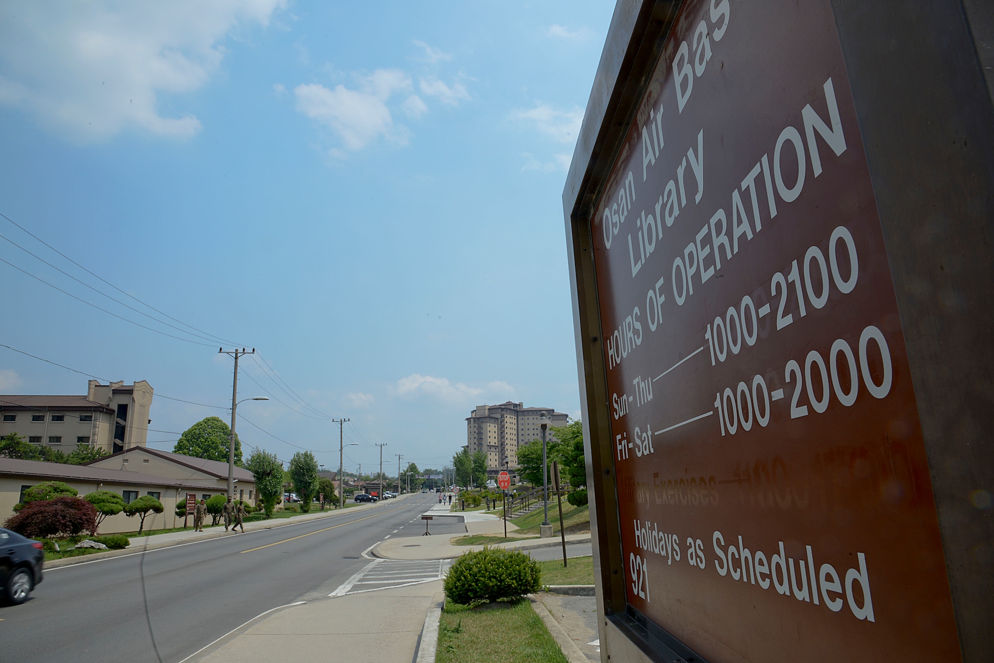 A sign is posted in front of the library on Osan Air Base, Republic of Korea on July 2, 2015. The base library is located across from the education and services center. The library offers various study materials including hundreds of books and CDs for College Level Examination Program and Defense Activity for Non-Traditional Education Support testing. (U.S. Air Force photo/Senior Airman Kristin High)