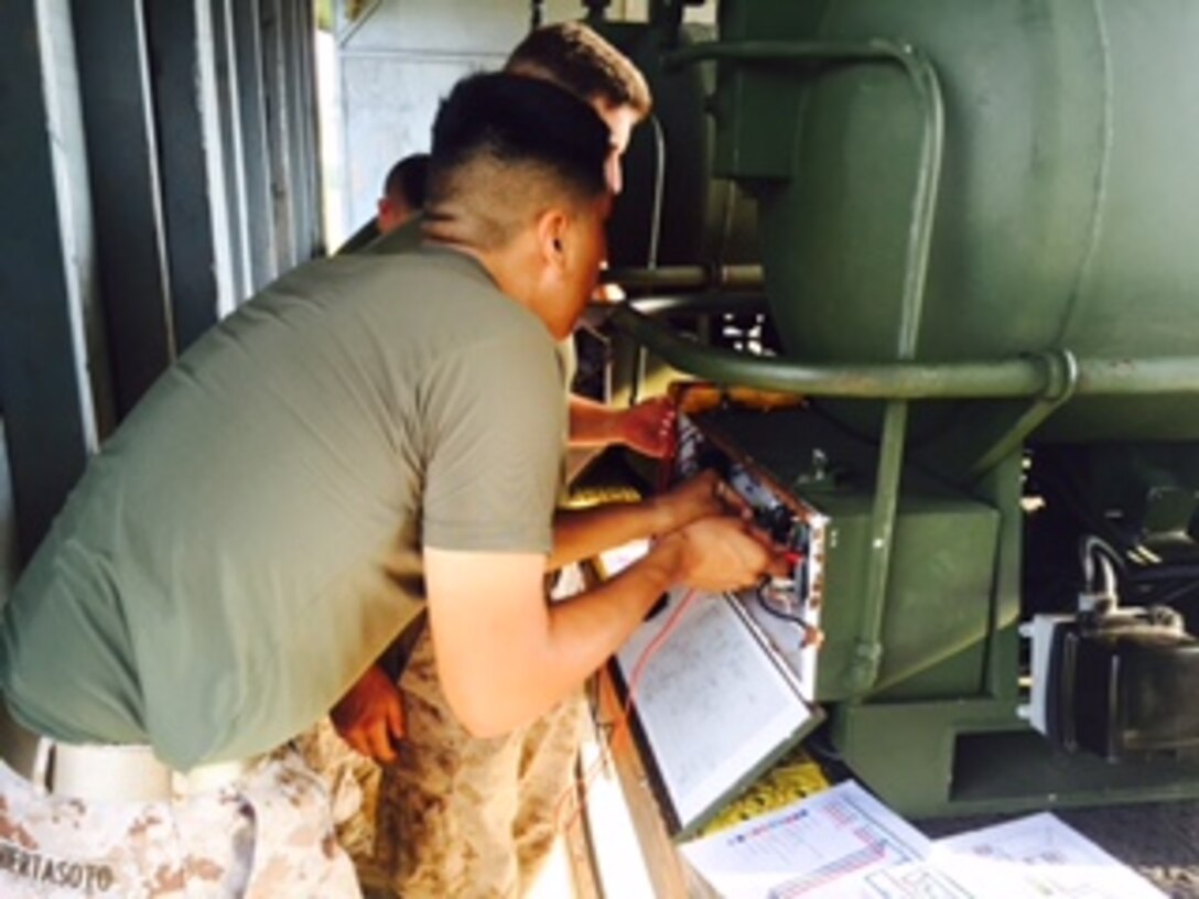 Marines from BEEEST 7-15 conduct a practical application on the M-80 water heater.
