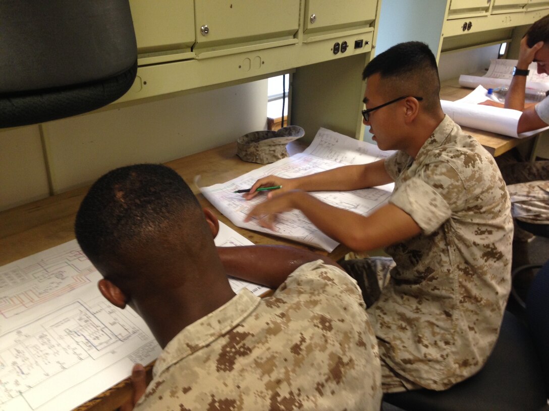 Marines from BEEEST 6-15 take an exam on large generator set diagnostics.