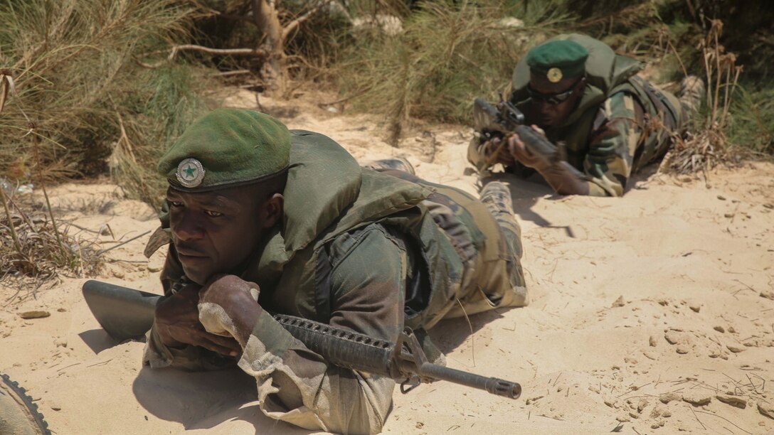 Compagnie Fusilier de Marin Commandos low-crawl toward an enemy position during a final exercise in St. Louis, Senegal, July 8, 2015. The exercise concluded a nearly six-week training evolution between U.S. Marines, sailors and coast guardsmen with Special-Purpose Marine Air-Ground Task Force Crisis Response-Africa and the Senegalese. The training focused on small-boat operations and infantry skills taught to more than 30 members of the Fusilier Marins.