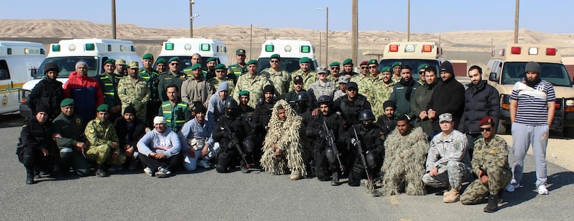 Soldiers from the 3rd Medical Command Deployment Support (MCDS) Operational Command Post (OCP) Forward (FWD) attend a Medical Capabilities Demonstration with the Kuwaiti Army, National Guard and special operation soldiers.