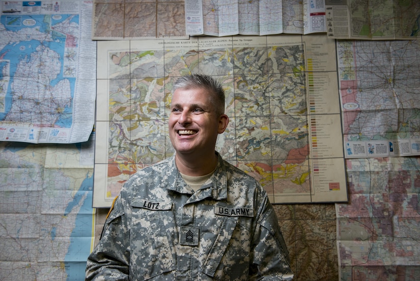 Master Sgt. Steven Lotz, geospatial analyst for the 416th Theater Engineer Command (TEC), is the first member of the newly-formed geospatial cell added to the TEC as part of the command's redesign process. The geospatial cell is looking for officers, warrant officers and senior noncommissioned officers to bring onto the team. (U.S. Army photo by Master Sgt. Michel Sauret)