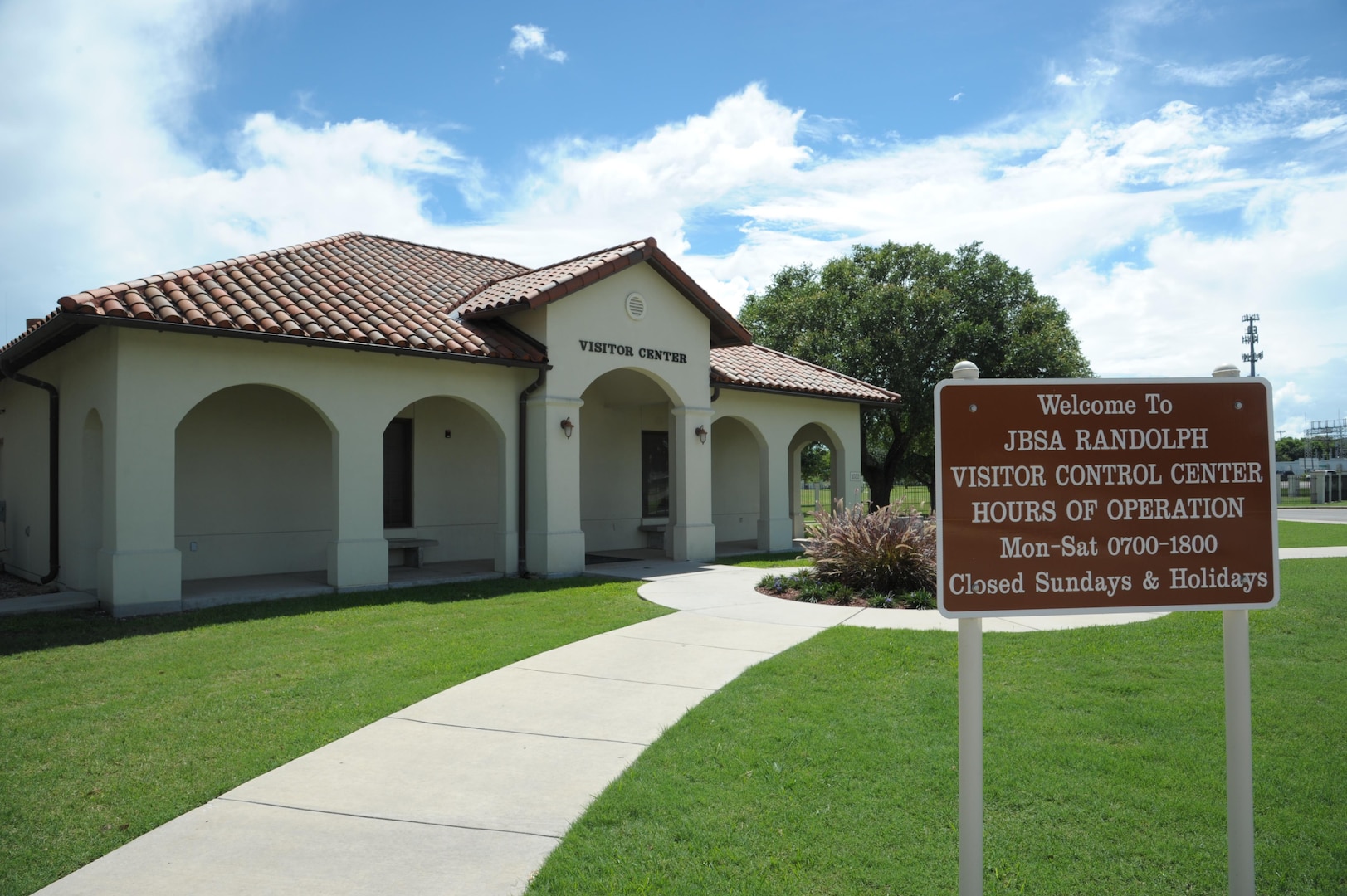 The Joint Base San Antonio-Randolph Visitor Control Center is located at the entrance to the location's main gate at the intersection of FM 78 and Pat Booker Road in Universal City. (U.S. Air Force photo by Joel Martinez/Released)