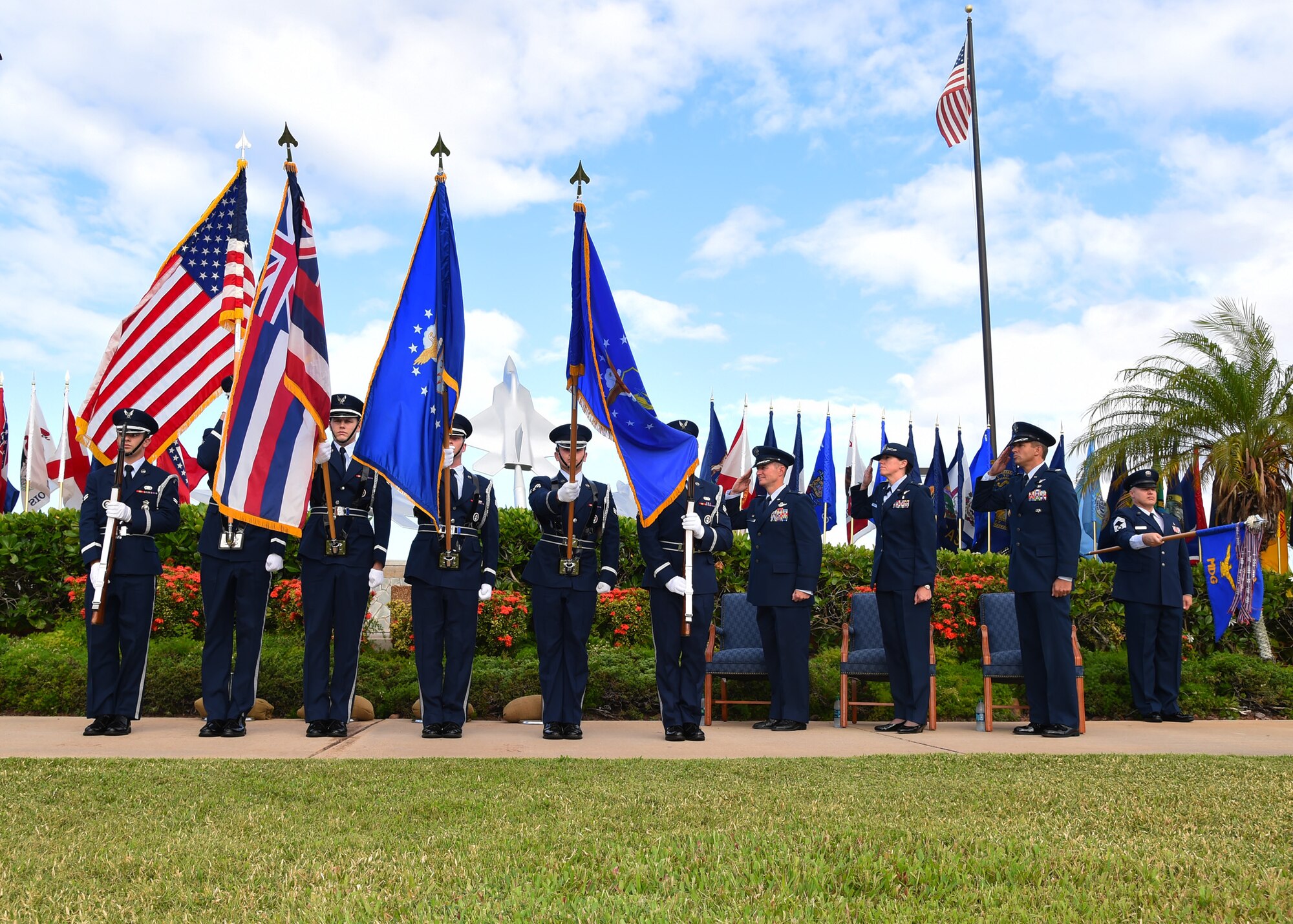 Members of the 15th Wing salute the American flag before the 15th Medical Group change of command ceremony on Joint Base Pearl Harbor-Hickam, Hawaii, July 14, 2015. Col. Christopher Paige assumed command of the 15th MDG from Col. Virginia A. Garner during the ceremony. (U.S. Air Force Photo by Tech Sgt. Aaron Oelrich/Released)