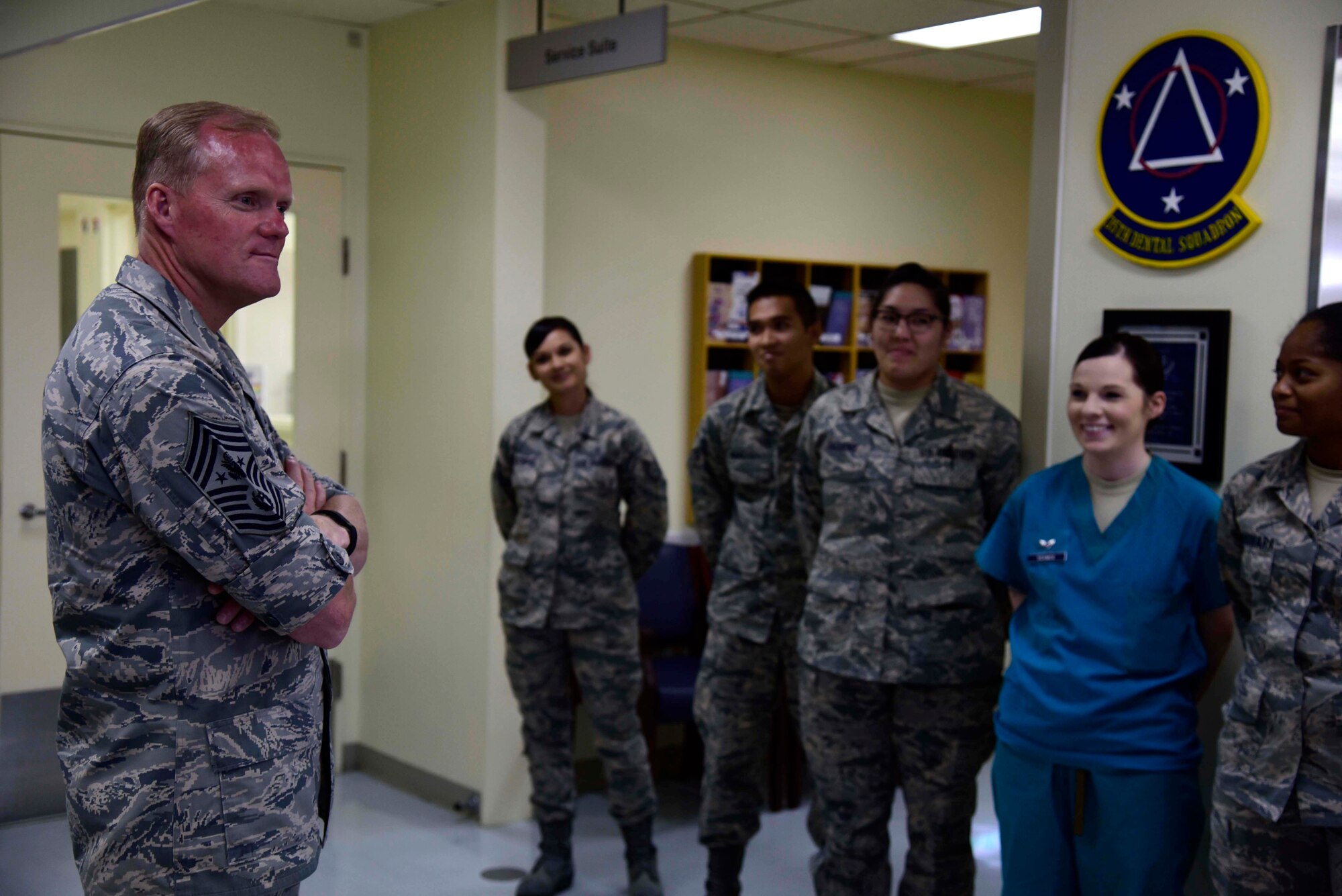 Chief Master Sgt. of the Air Force James Cody talks to 35th Dental Squadron Airmen at Misawa Air Base, Japan, July 13, 2015. Cody visited Airmen from maintenance, operations, medical and other career fields across the base. (U.S. Air Force photo by Airman 1st Class Jordyn Fetter/Released)